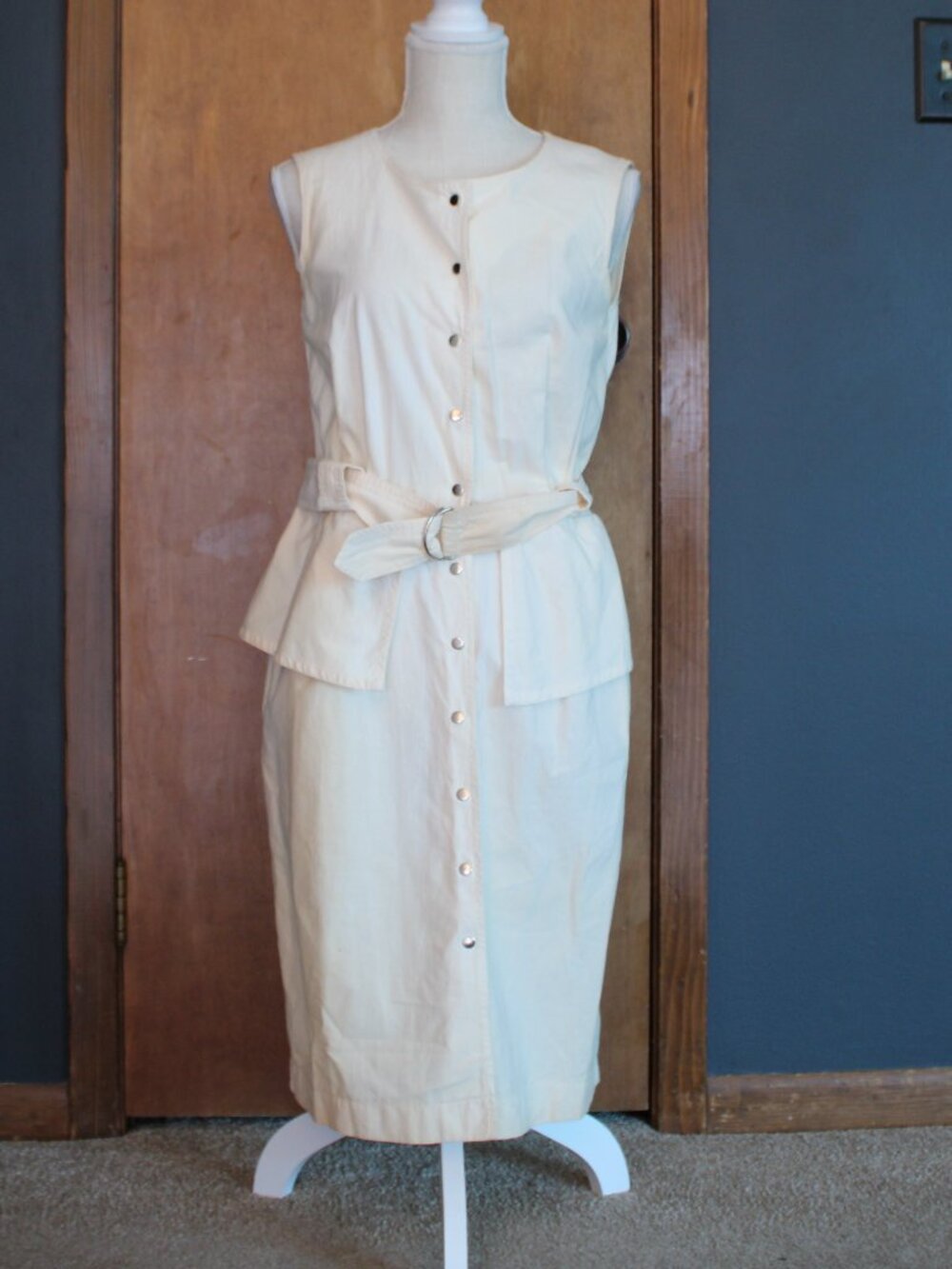Vintage Cream Belted Midi Dress Button Front Cotton Size 12 Made in Brazil